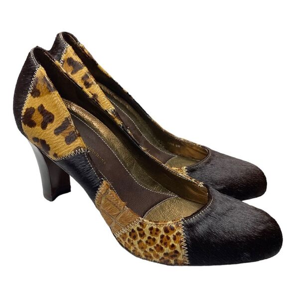 OH! Wm’s Sz 9 Multi Animal Print Patch Work Leather Calf Hair 3.5” Heel Pumps - Picture 1 of 8